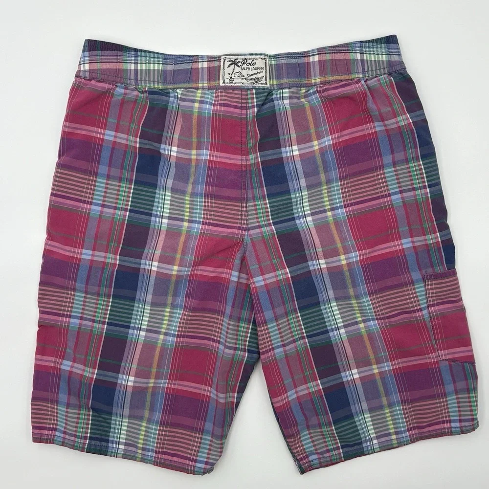 Polo‎ Ralph Lauren Boys XL 18-20 Swim Trunks Plaid Madras Mesh Lined Pony